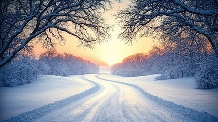 Obraz premium Breathtaking Scene of a Snow-Covered Tree-Lined Winter Road, Snow blankets the silent tree concept.
