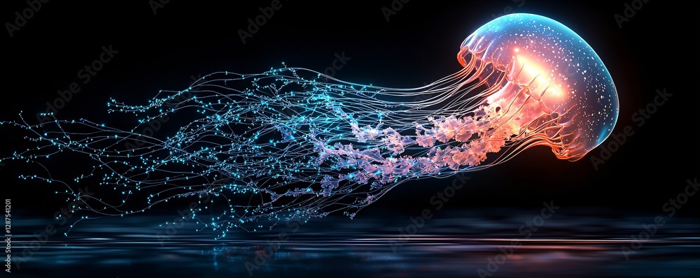 Poster a glowing jellyfish drifting through the deep ocean, its bioluminescent tendrils pulsating with elec