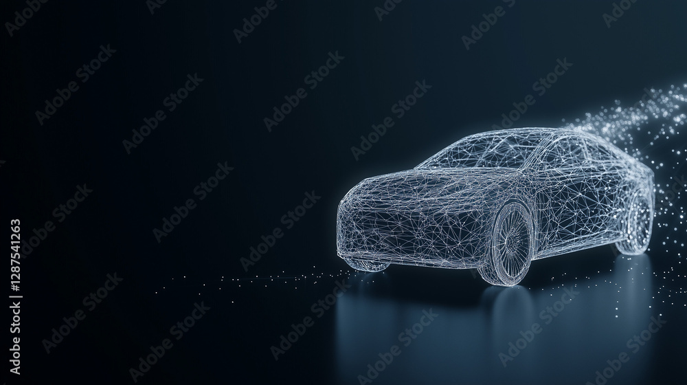 Poster digital car on dark: a futuristic digital rendition of a car, rendered in a network of luminous part