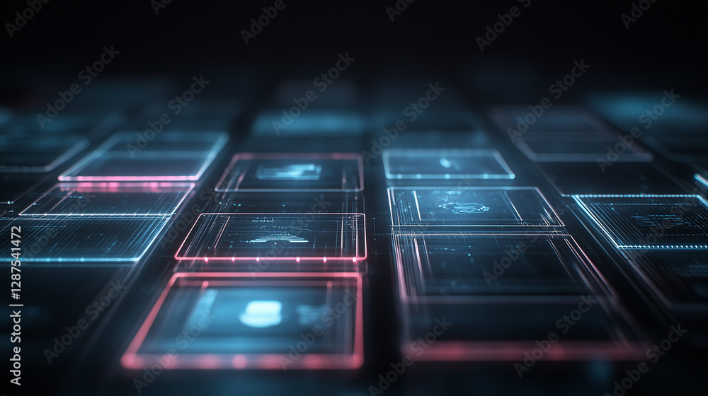 Poster digital interface: a futuristic digital interface comes alive, showcasing glowing grids of data, wit