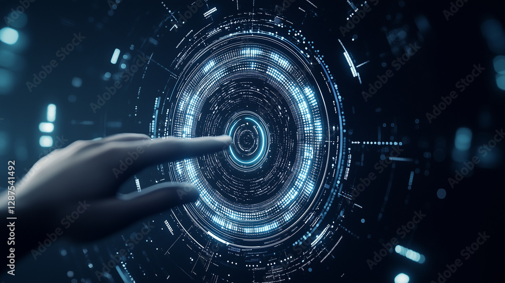 Poster navigating the digital frontier: a hand reaches out to interact with a glowing digital interface, sy