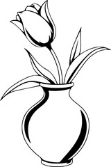 Black and white vector art shows a rose in a vase.