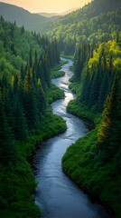 Fototapeta premium Pixelated River Winding Through Lush Forest at Sunrise