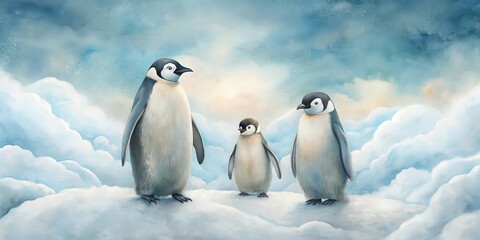 Obraz premium A Penguin Family's Serene Moment on a Snowy Landscape Under a Softly Lit Sky