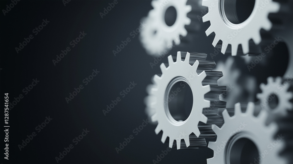 Poster mechanical synergy: an abstract image showcases multiple interlocking gears, their metallic surfaces