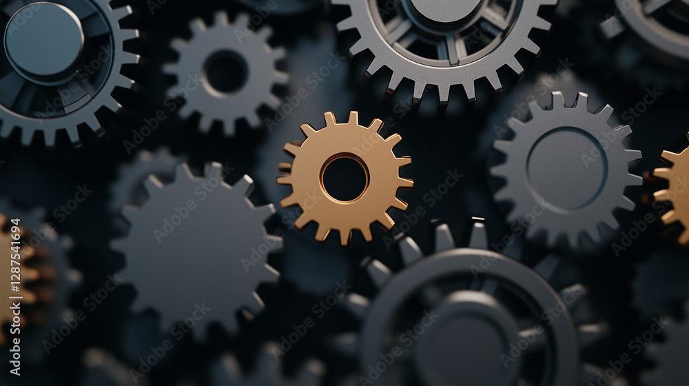 Poster interlocking gears: a close-up, photorealistic image of multiple metallic gears, with a singular gol