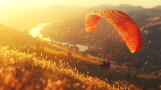 Paragliding under the blue sky and golden fields - Powered by Adobe