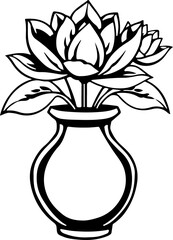 Black and white vector art shows a rose in a vase.