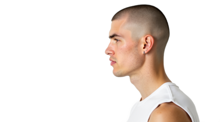 Confident bald man in transparent shirt, profile view, isolated on transparent background. Ideal for fashion, beauty, and design projects. Versatile cutout for diverse creative uses.