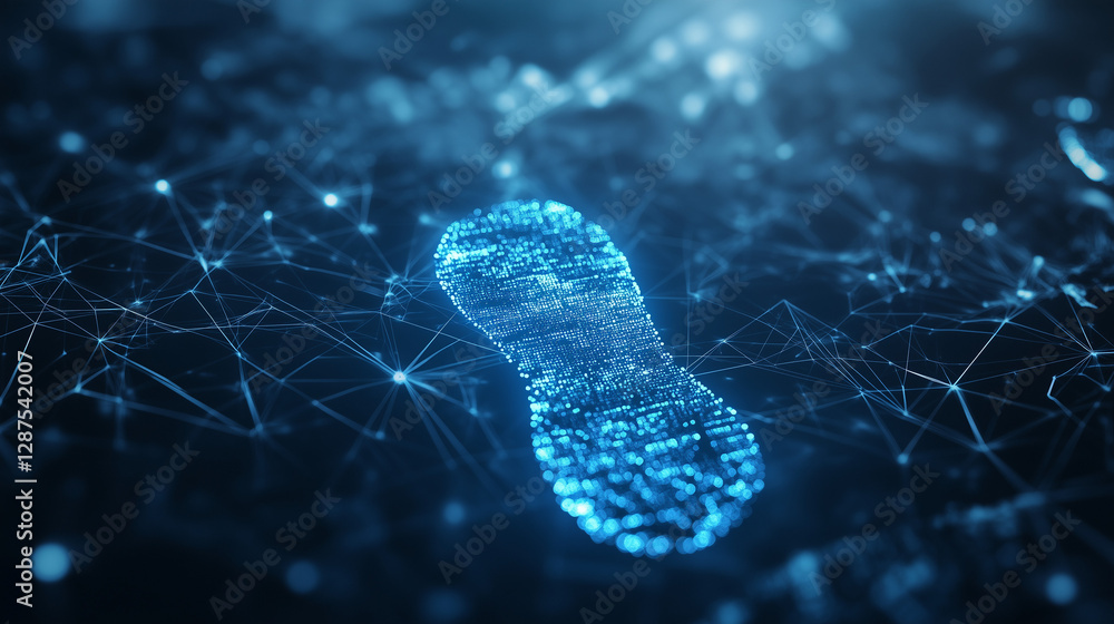 Poster footprint in the digital web: a glowing digital footprint emerges from an intricate network of inter