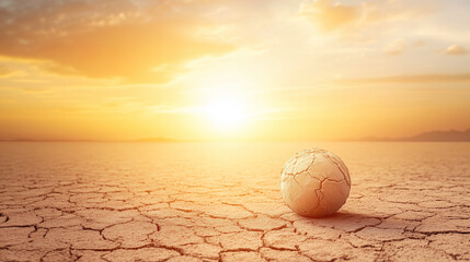 A Sole Ball on Barren Land: A solitary soccer ball sits on cracked earth under a vast, sun-drenched sky, an evocative image of isolation and the harsh realities of climate change. 