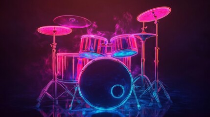 Neon drum set illustration glows against a dark background, creating a striking music-themed image.