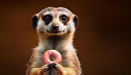 Fototapeta premium Meerkat Standing Upright Holding a Donut with Both Paws