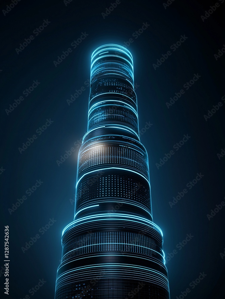 Aufkleber a modern skyscraper with glowing edges, the entire building outlined in pulsating neon light, reflec