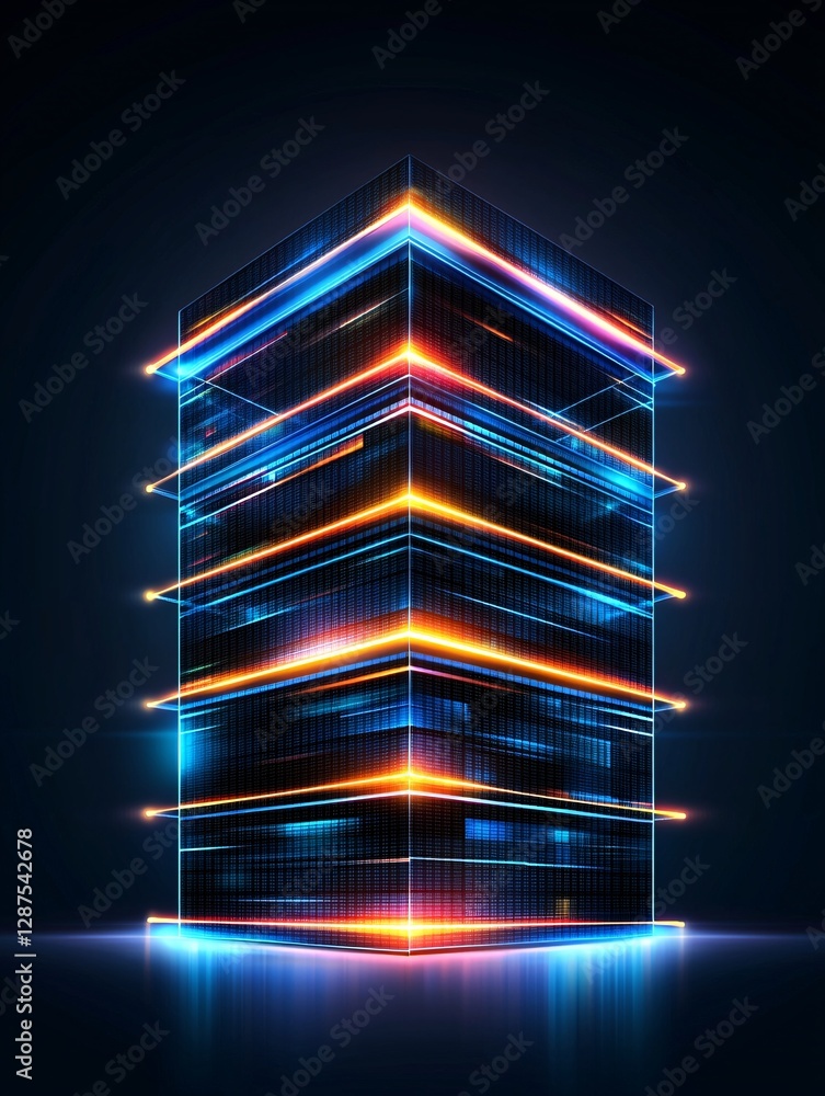Aufkleber a modern skyscraper with glowing edges, the entire building outlined in pulsating neon light, reflec