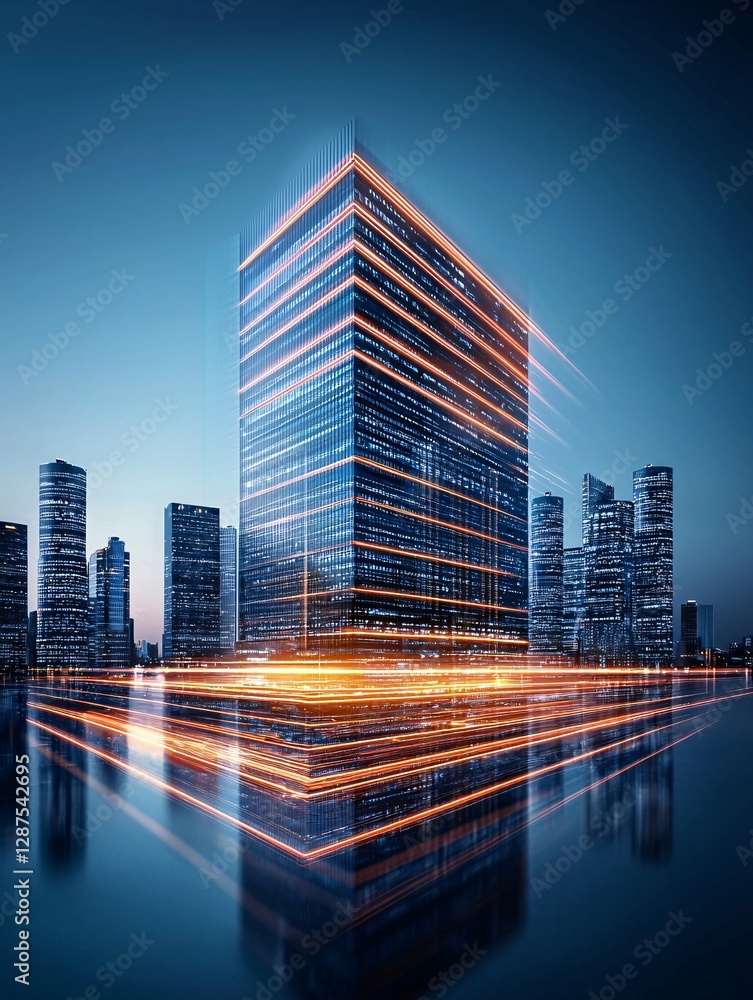 Poster a modern skyscraper with glowing edges, the entire building outlined in pulsating neon light, reflec