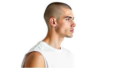Confident bald man portrait, transparent shirt, side view. Isolated on transparent background. Use for design, fashion, skincare, tech, medical visuals. Studio lit, detailed skin.