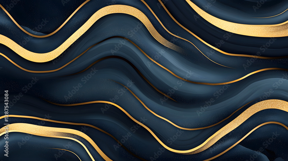 Poster Black and gold abstract background with wavy lines and fluid patterns for design use