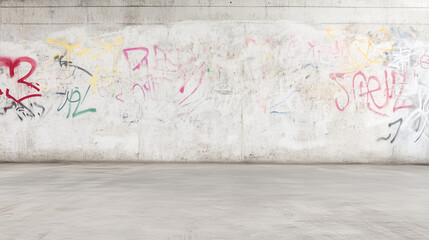 Urban Canvas: Graffiti-covered wall with textured concrete floor, depicting urban grit and underground art with colorful scribbles.