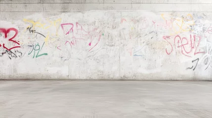 Photo sur Plexiglas Urban Canvas: Graffiti-covered wall with textured concrete floor, depicting urban grit and underground art with colorful scribbles.