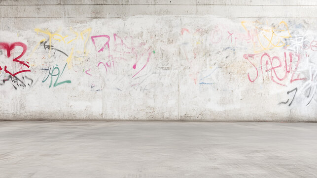 Urban Canvas: Graffiti-covered wall with textured concrete floor, depicting urban grit and underground art with colorful scribbles.