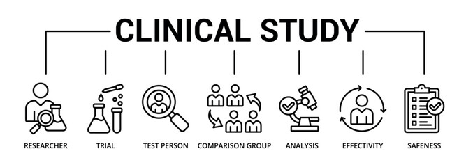 Clinical study banner icon with researcher, trial, test person, comparison group, analysis, efectivity, safeness
