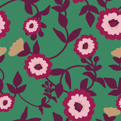 Hand drawn summer floral background. Botanical seamless pattern made of abstract flowers. Sketch drawing. Vintage style. Good for bedding, textile