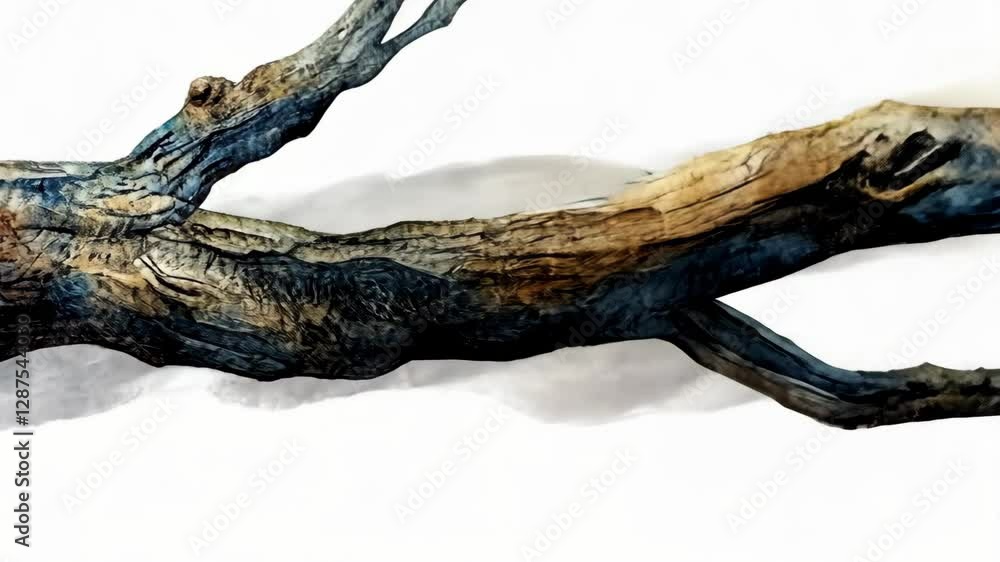 Poster wooden branch with intricate textures and colors displayed against a white background in an artistic