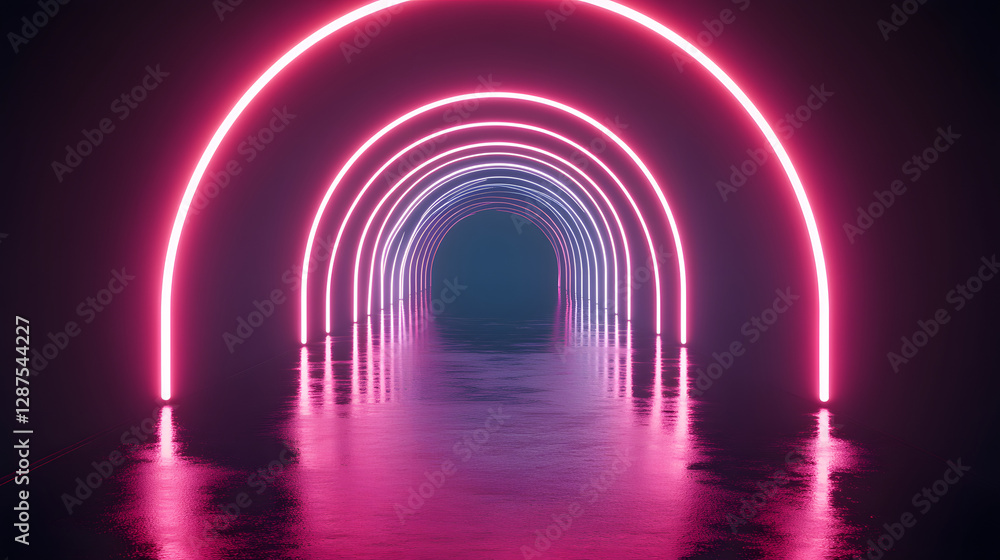Aufkleber tunnel illuminated with vibrant neon lights creating a futuristic atmosphere in a dark setting