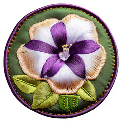 Circular Embroidery Patch with White and Purple Silk Flower