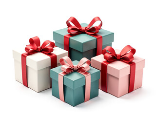 Obraz premium Multicolored and beribboned gift boxes in pile. Happy birthday, Christmas, New Year, Wedding or Valentine Day package concept.