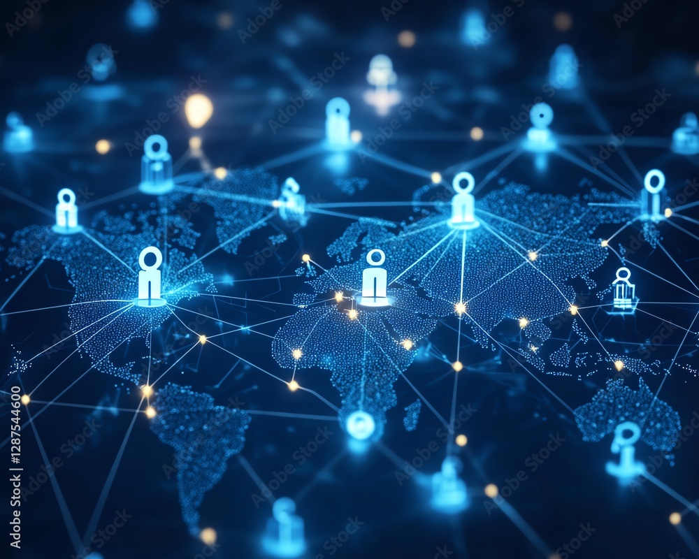Poster dynamic tech illustration showing people connected globally in a network