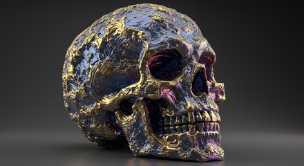 Intricate Metallic Skull Sculpture with Gold Details on Dark Background