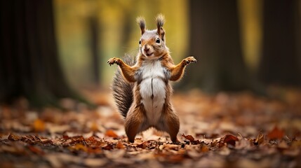 Obraz premium The squirrel is dancing in the forest