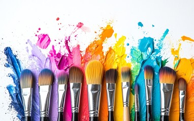 Paintbrushes in vibrant colors on a white background, variety of brush types, dynamic splashes of paint radiating outward, creative colorful design with radiating paint effect