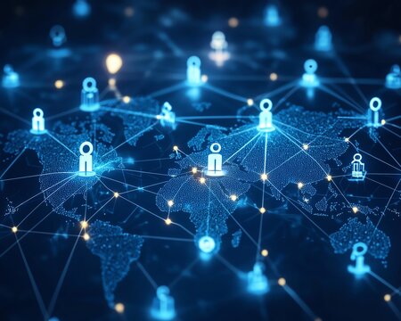 Dynamic tech illustration showing people connected globally in a network