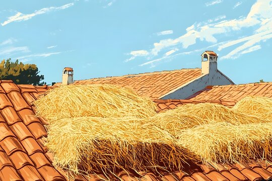 The golden wheat stacks on the roof of the farmhouse