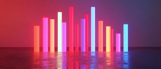 Obraz premium Vibrant Neon Light Installation with Colorful Vertical Bars Reflecting on Wet Surface