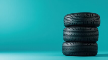 Three Black Tires Stacked on a Vibrant Blue Background Creating a Modern and Minimalist Look