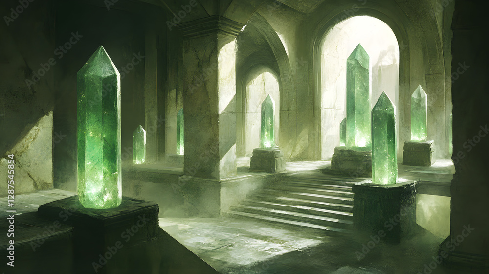 Aufkleber interior view of a spacious room featuring multiple green columns supporting the ceiling
