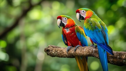 Beautiful parrots perched on a rainforest tree branch