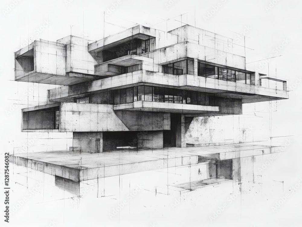 Poster architectural study: conceptual concrete building design with geometric forms and pen sketching tech