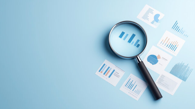 Data Examination: A magnifying glass hovers over financial reports and charts on a sky-blue surface, providing an overview of the business analysis.