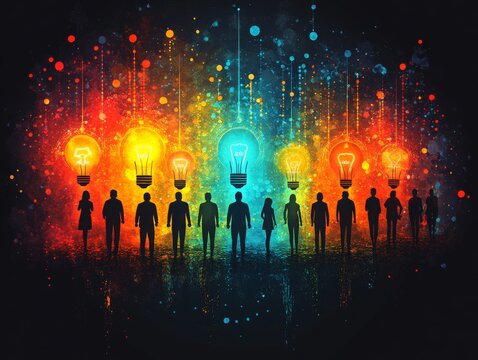 Collective Intelligence: A Group of Silhouetted Individuals Illuminated by Ideas, Showcasing Innovation and Collaboration in a Colorful Abstract Representation