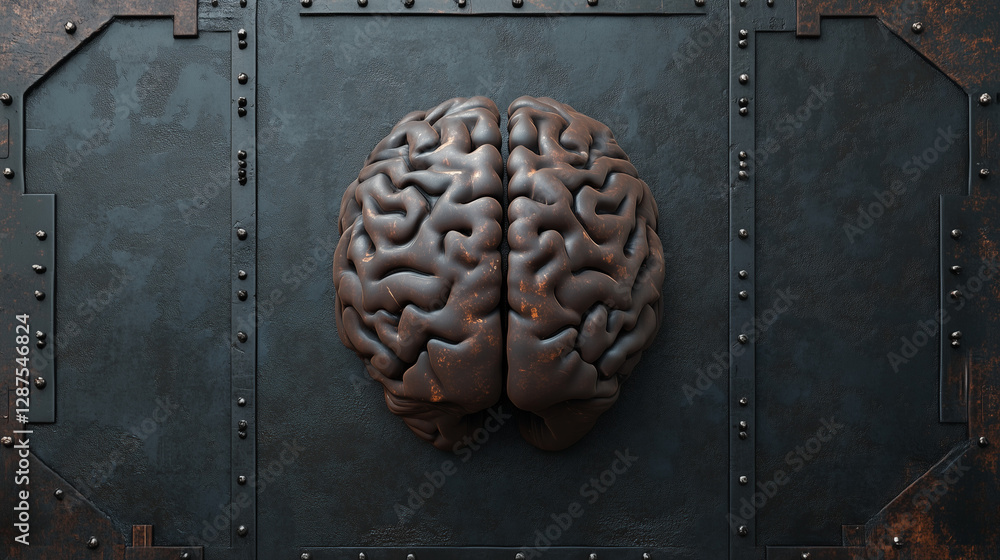 Poster metallic brain: a striking visual of a metallic brain, positioned centrally against a backdrop of in