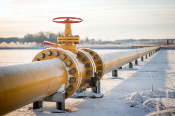 long yellow pipeline with valve stretching away to the horizon through a snow field 
