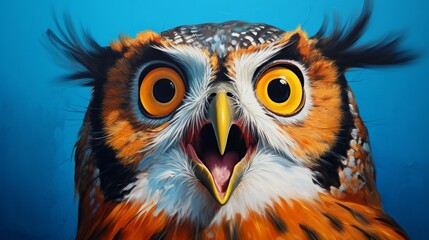 A very surprised owl with wide-open eyes and beak 