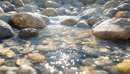 Fototapeta premium A beautiful riverbed with stones scattered and sparkling in the sunlight