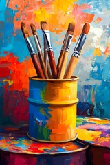 Fototapeta premium Colorful oil drums and abstract art in the studio