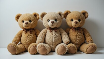 Obraz premium Three Cute Teddy Bears Sitting in a Row with Bow Ties